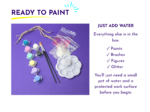 Hero image for a painting kit: paints, brushes, and glitter on a purple background beside bold messaging like 'Ready to Paint' and 'Just Add Water.'