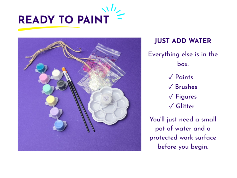 Hero image for a painting kit: paints, brushes, and glitter on a purple background beside bold messaging like 'Ready to Paint' and 'Just Add Water.'