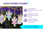 Colorful handmade angel ornaments hanging from a branch, with a purple background and an infographic panel on the right reading 'HAND POURED FIGURES'.
