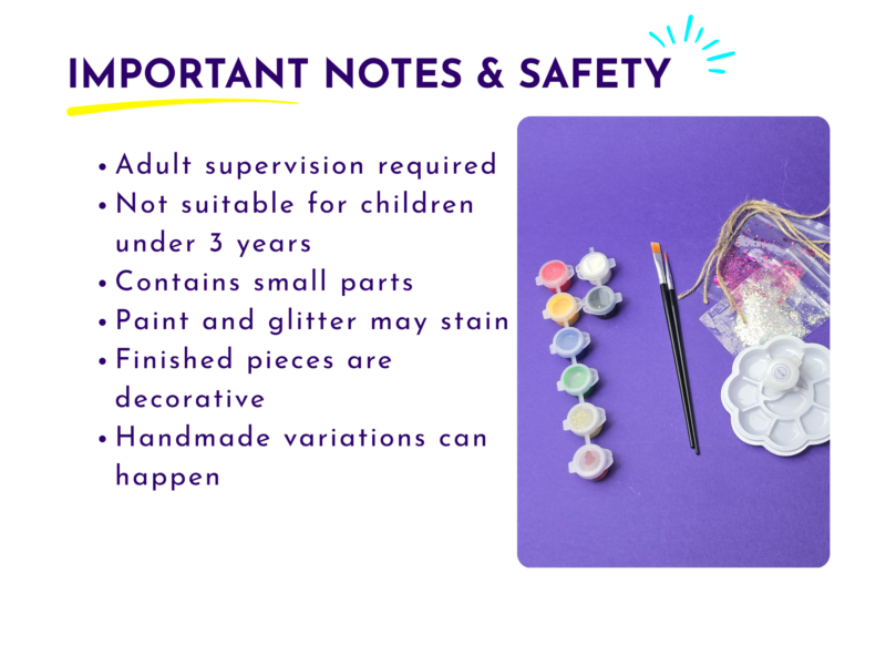 Infographic: Important Notes & Safety with bullets on supervision, small parts, stains, and handmade variations; art supplies on purple background.