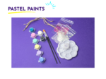 Brand header 'PASTEL PAINTS' with blue sun motif above colorful paint supplies on a purple background: glitter bags, brushes, and pastel pots.