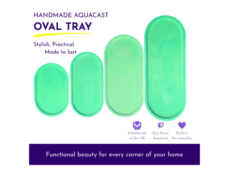Hero banner for Oval Tray product: handmade Aquacast with bold 'OVAL TRAY' text and green oval trays on the right, plus the tagline 'Stylish, Practical. Made to last'.
