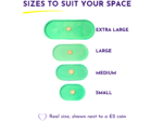 Banner showing different product sizes labeled Extra Large, Large, Medium, Small with green oval trays used for scale and a yellow highlighting stroke above.
