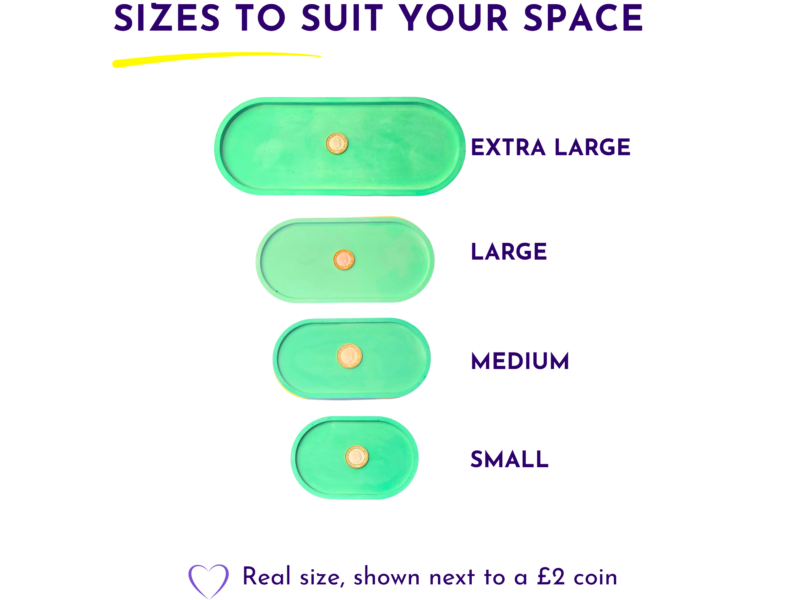 Banner showing different product sizes labeled Extra Large, Large, Medium, Small with green oval trays used for scale and a yellow highlighting stroke above.