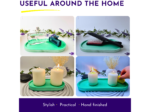 Two product photos on a green tray with lavender stems; left shows a perfume bottle and razor, right shows a hairbrush on a similar tray.
