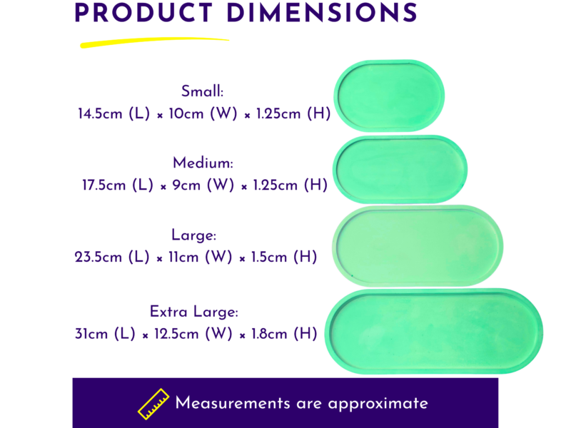 Product dimensions chart listing Small, Medium, Large and Extra Large sizes with green rounded pads on the right and a purple heading that reads 'Product Dimensions'.