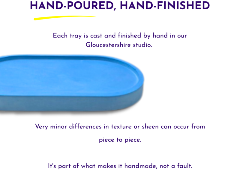 Promotional banner with the heading 'HAND-POURED, HAND-FINISHED' in purple and a yellow underline, plus a blue tray edge and text about hand finishing in Gloucestershire studio.