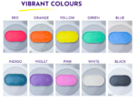 Gallery of vibrant silicone trays in red, orange, yellow, green, blue with corresponding color labels over a spiraled background.