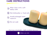 Infographic titled Care Instructions showing care rules for candles: wipe with a soft damp cloth; not dishwasher or food safe; avoid prolonged water exposure; do not soak.