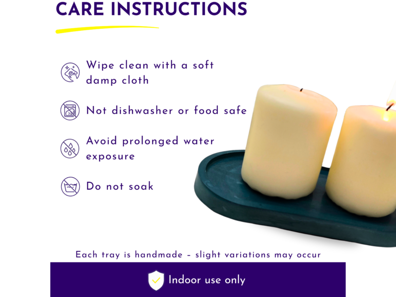 Infographic titled Care Instructions showing care rules for candles: wipe with a soft damp cloth; not dishwasher or food safe; avoid prolonged water exposure; do not soak.