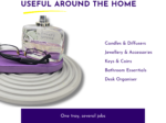 Perfume bottle with glasses on a purple tray, next to a right-aligned list of home-goods categories (Candles & Diffusers, Jewellery & Accessories, Keys & Coins, Bathroom Essentials, Desk Organizer).