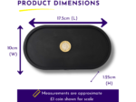 Product dimensions graphic showing a coin on a black tray with measurement arrows for width, height, and depth as scale reference
