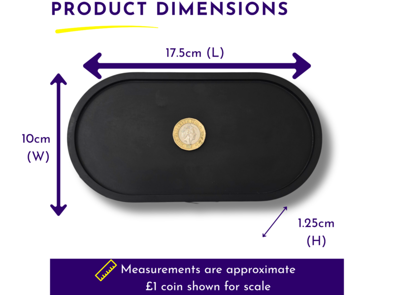 Product dimensions graphic showing a coin on a black tray with measurement arrows for width, height, and depth as scale reference