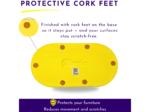 Graphic showing cork feet on a yellow base to protect surfaces from scratches and keep furniture in place.