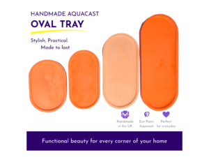 Advertisement banner for Handmade Aquacast oval trays showing bold 'OVAL TRAY' text and orange oval trays with a yellow underline in the design.