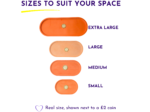 Orange oval trays shown in a vertical size guide with a coin for scale; labels read EXTRA LARGE, LARGE, MEDIUM, SMALL.