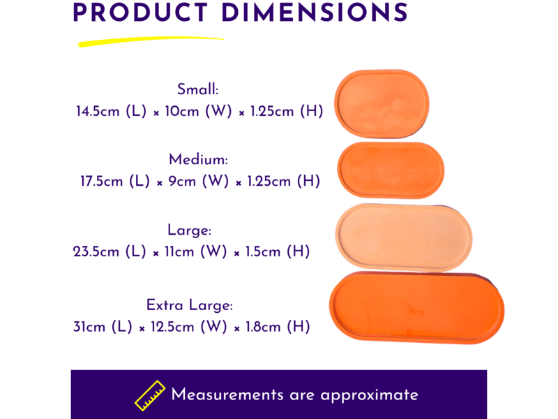 Product dimensions chart with four orange rounded pads labeled Small, Medium, Large, and Extra Large showing their length × width × height measurements.