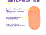 Infographic section showing features of a hand‑poured aquaCast resin product with yellow pointer lines over an orange object.