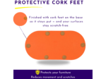 Banner promoting Protective Cork Feet with purple text and yellow underline, featuring orange rounded shapes and cork-dot feet for furniture protection (ad header).