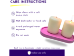 Care instructions for candles: wipe clean with a soft damp cloth; not dishwasher or food safe; avoid prolonged water exposure; do not soak.