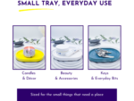 Three bordered photos of small trays representing product categories: Candles & Décor, Beauty & Accessories, and Keys & Everyday Bits, showing a candle on yellow tray, skincare items on a white tray, and keys on a blue tray.