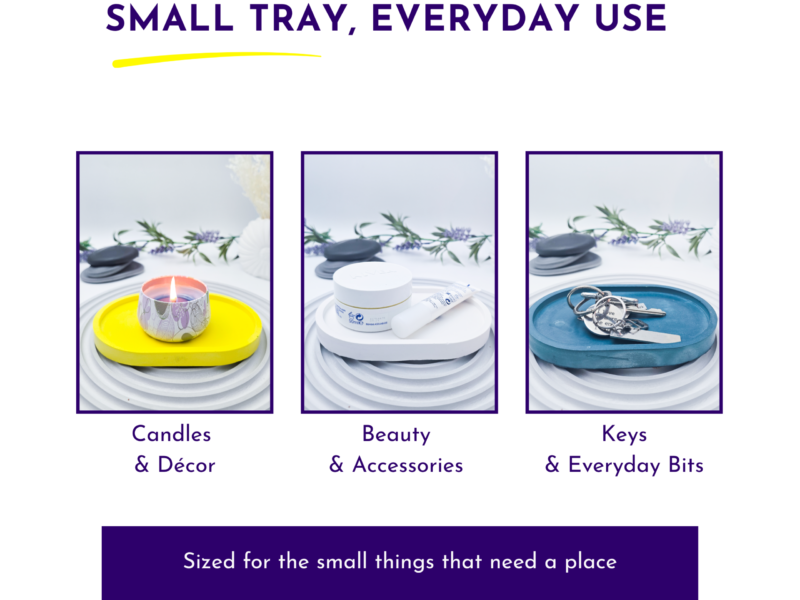Three bordered photos of small trays representing product categories: Candles & Décor, Beauty & Accessories, and Keys & Everyday Bits, showing a candle on yellow tray, skincare items on a white tray, and keys on a blue tray.