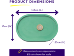Diagram showing product dimensions: length 14.5 cm, width 10 cm, height 1.25 cm, with a coin for scale and a note that measurements are approximate.