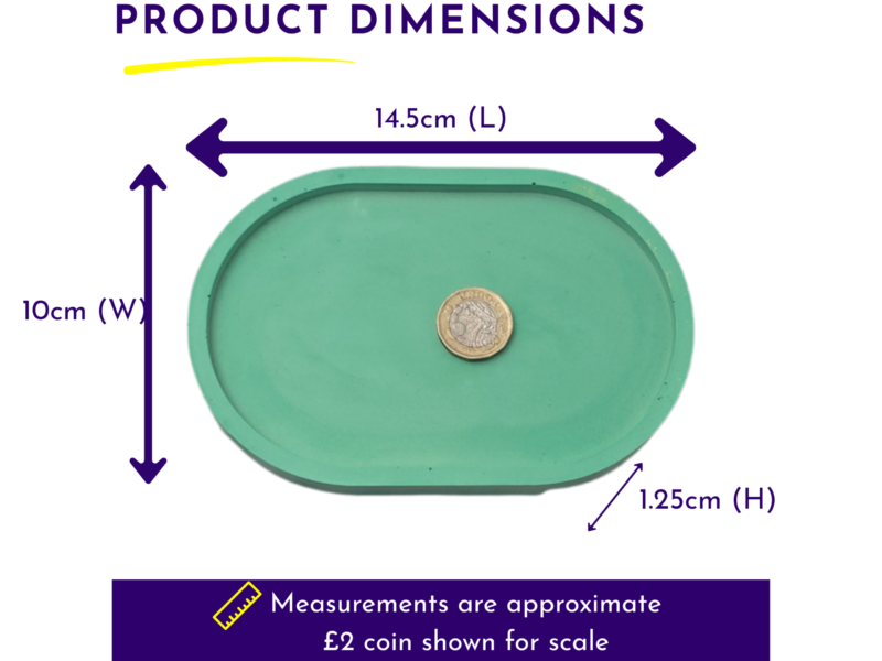 Diagram showing product dimensions: length 14.5 cm, width 10 cm, height 1.25 cm, with a coin for scale and a note that measurements are approximate.