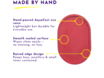 Infographic-style product image highlighting features of a red hand-made case with yellow callouts.