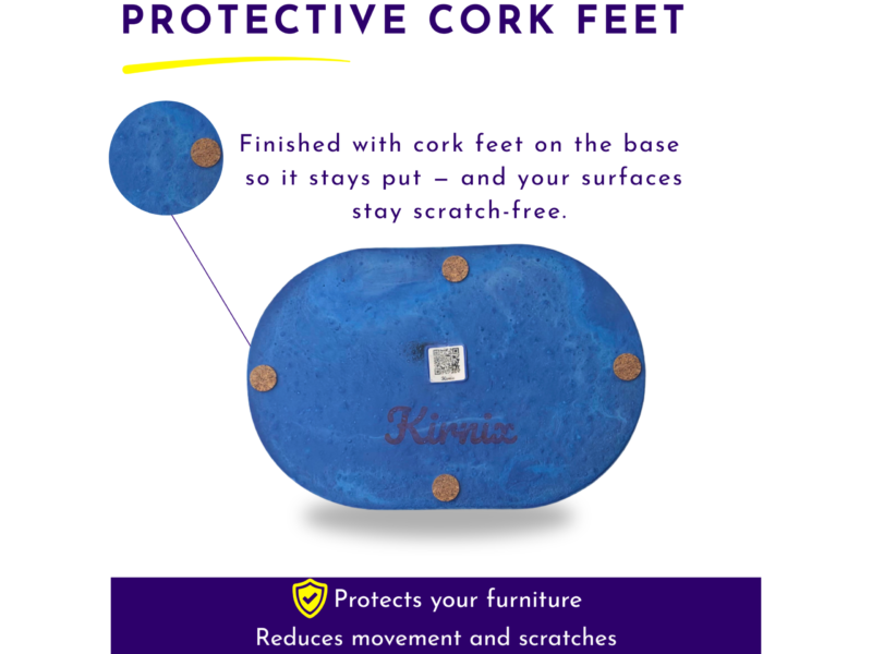 Blue circular base with cork dots illustrating protective cork feet; text promotes cork feet to keep surfaces scratch-free and stay in place.