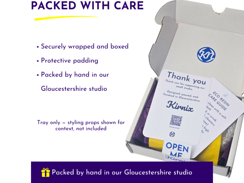 'Packed with care' headline with bullet points about secure wrapping and padding, shown beside an open cardboard box with packing materials (brand visible).