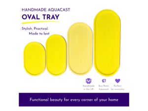 Handmade Aquacast Oval Tray product banner with yellow trays and the slogan 'Stylish, Practical. Made to last.'