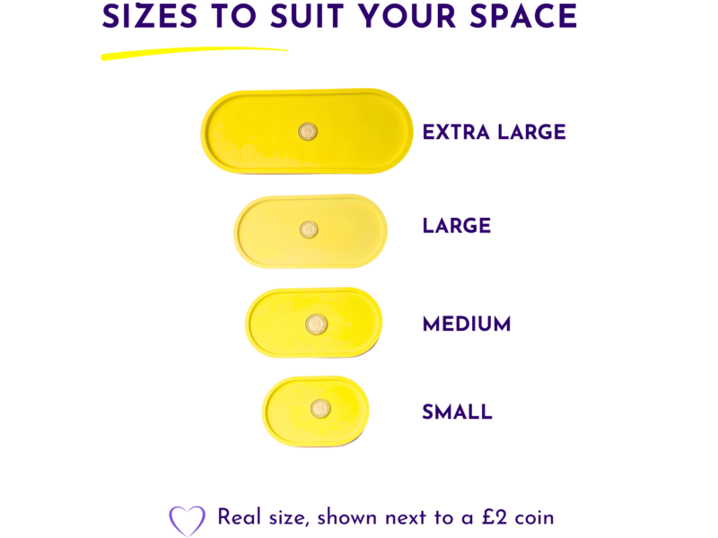 Vertical sequence of yellow rounded boxes labeled Extra Large, Large, Medium, Small with a coin for scale and a 'Real size' caption nearby.