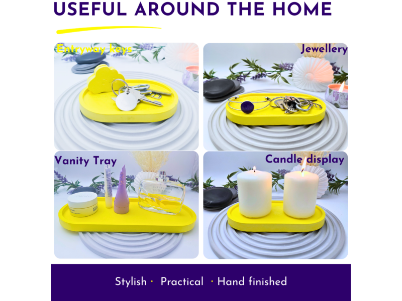 Two product photos: left a yellow key tray labeled 'Entryway keys' with keys; right a yellow jewelry tray with jewelry, both on white coiled bases with floral background.