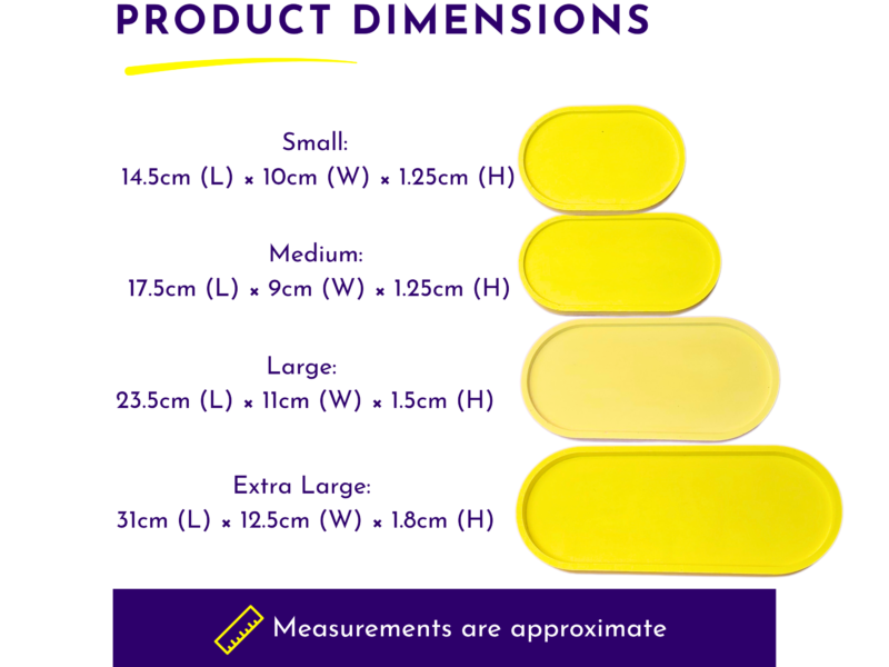 Informational infographic titled 'Product Dimensions' showing size categories Small to Extra Large with yellow rounded indicators and measurements in cm on the left.