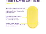 Infographic-style graphic featuring a yellow handheld object with purple headings 'HAND CRAFTED WITH CARE' and yellow callouts highlighting resin, surface seals, and raised edges.