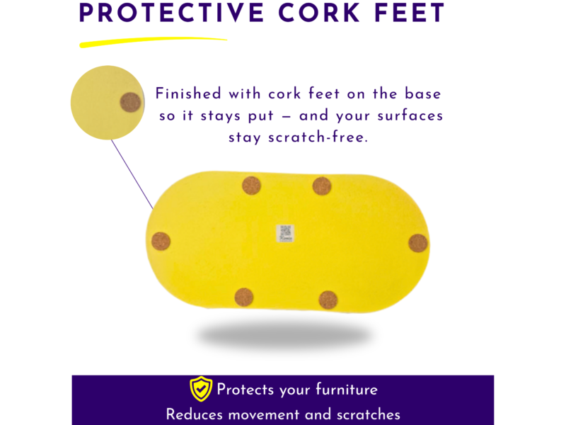 Header graphic reading 'Protective Cork Feet' in purple, featuring yellow cushions with brown dots and a message about protecting surfaces from scratches.