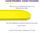 Purple headline 'HAND-POURED, HAND-FINISHED' with a yellow curved underline and a partial yellow tray at the bottom; subtitle says trays are cast and finished by hand in our Gloucestershire studio.