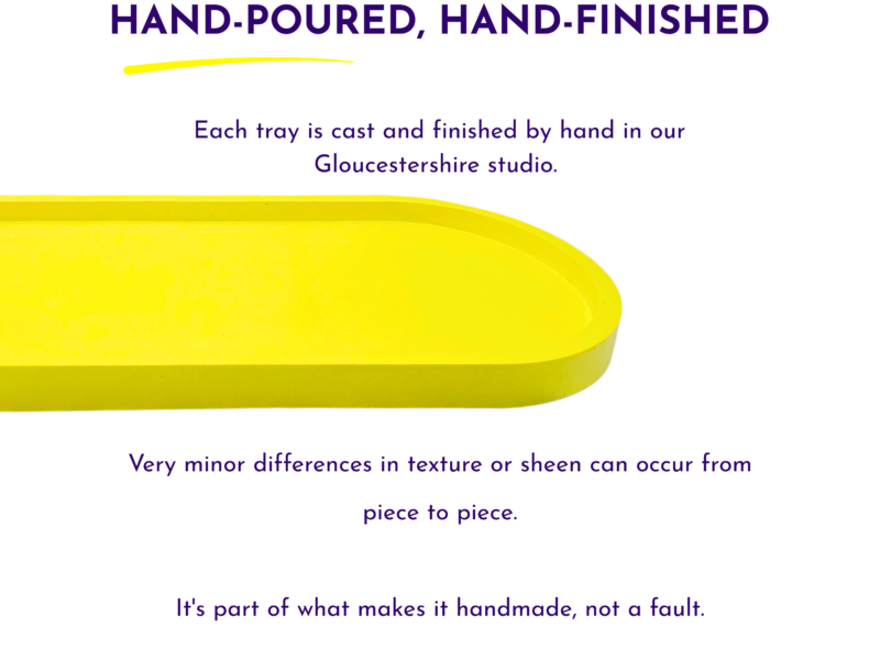 Purple headline 'HAND-POURED, HAND-FINISHED' with a yellow curved underline and a partial yellow tray at the bottom; subtitle says trays are cast and finished by hand in our Gloucestershire studio.