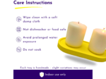 Poster titled Care Instructions with a yellow underline and candle imagery on the right, listing care steps such as wipe with a damp cloth, not dishwasher safe, avoid water exposure, and indoor use only.