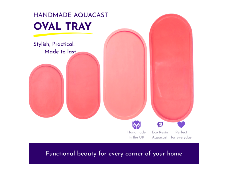 Handmade Aquacast oval tray lineup in pink with a yellow underline and the slogan 'Stylish, Practical. Made to last'.