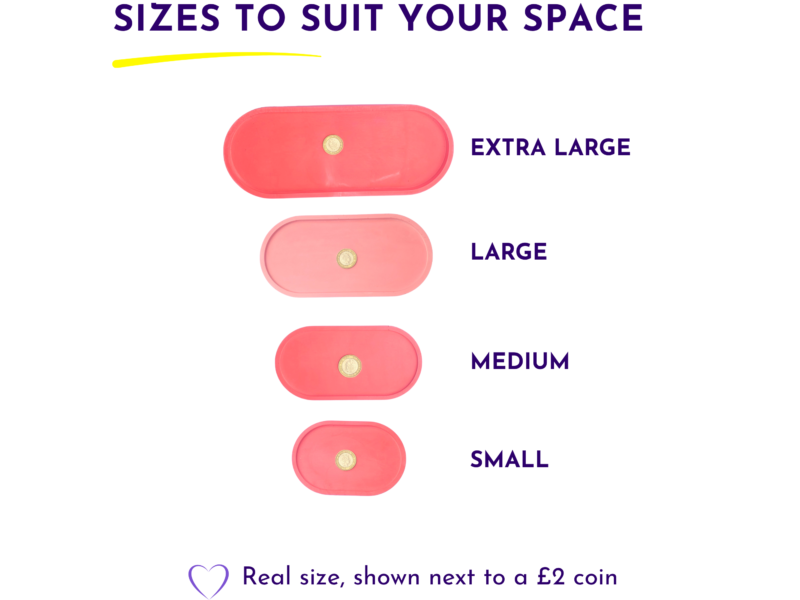 Size guide showing pink oval swatches labeled EXTRA LARGE, LARGE, MEDIUM, SMALL with a coin for scale; includes a heart icon and caption about real size next to a £2 coin.