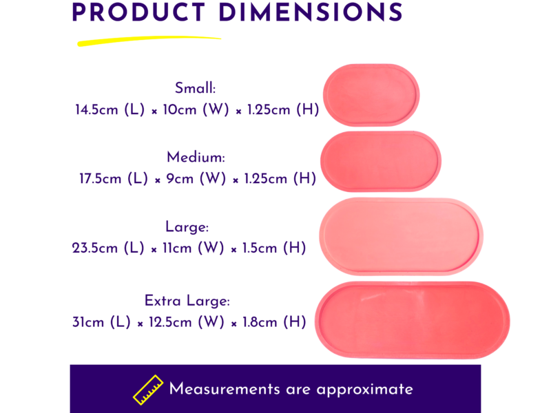 Product Dimensions page listing Small, Medium, Large, and Extra Large with their measurements, alongside pink rounded-rectangle product illustrations.