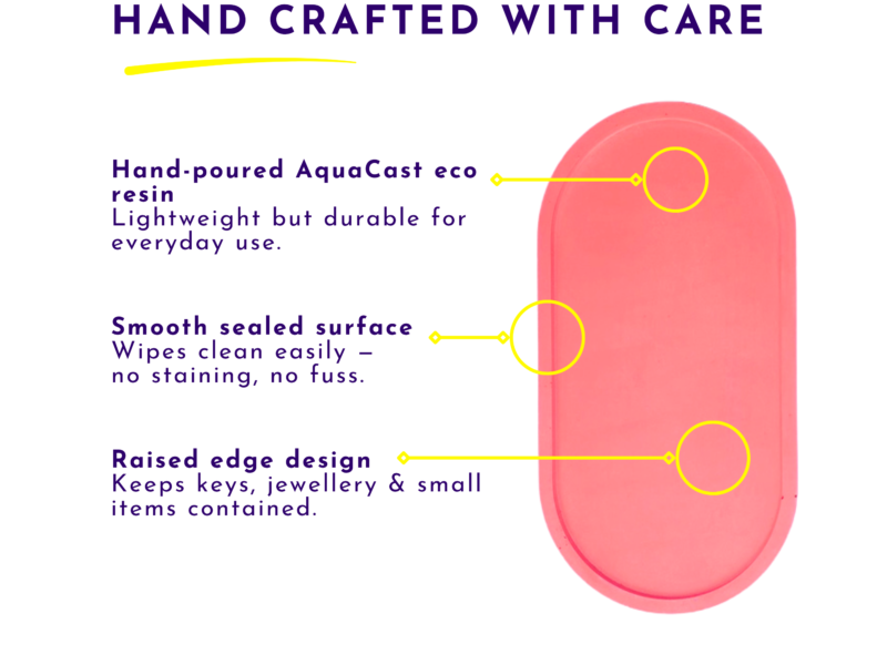 Promotional graphic for a pink handheld product with yellow callouts highlighting features like hand-poured AquaCast eco resin and a smooth sealed surface.