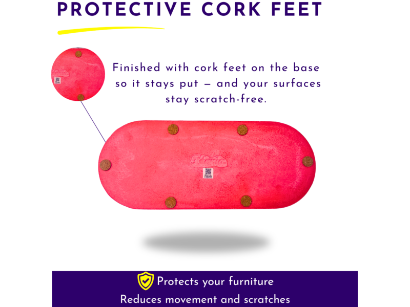 Advertising graphic for Protective Cork Feet: pink rounded pads with cork feet attached and a yellow highlight, set against a white background — conveys furniture protection.