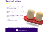 Care Instructions for candles: wipe with a soft damp cloth; do not dishwasher or expose to food; avoid prolonged water exposure; indoor use only (text and icons shown)