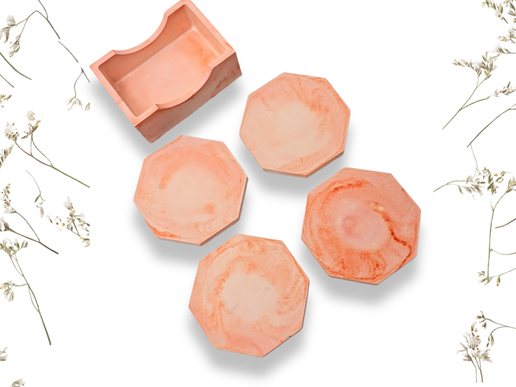Hexagon Sunset Coral Marbled Coaster Set with Holder