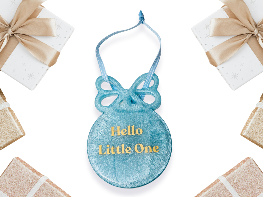 Blue handmade resin new baby bow keepsake with gold Hello Little One lettering and ribbon hanging loop