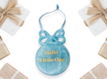 Blue handmade resin new baby bow keepsake with gold Hello Little One lettering and ribbon hanging loop