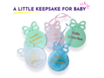 Five handmade resin baby bow keepsakes in pink, mint, pearl blue, iridescent white